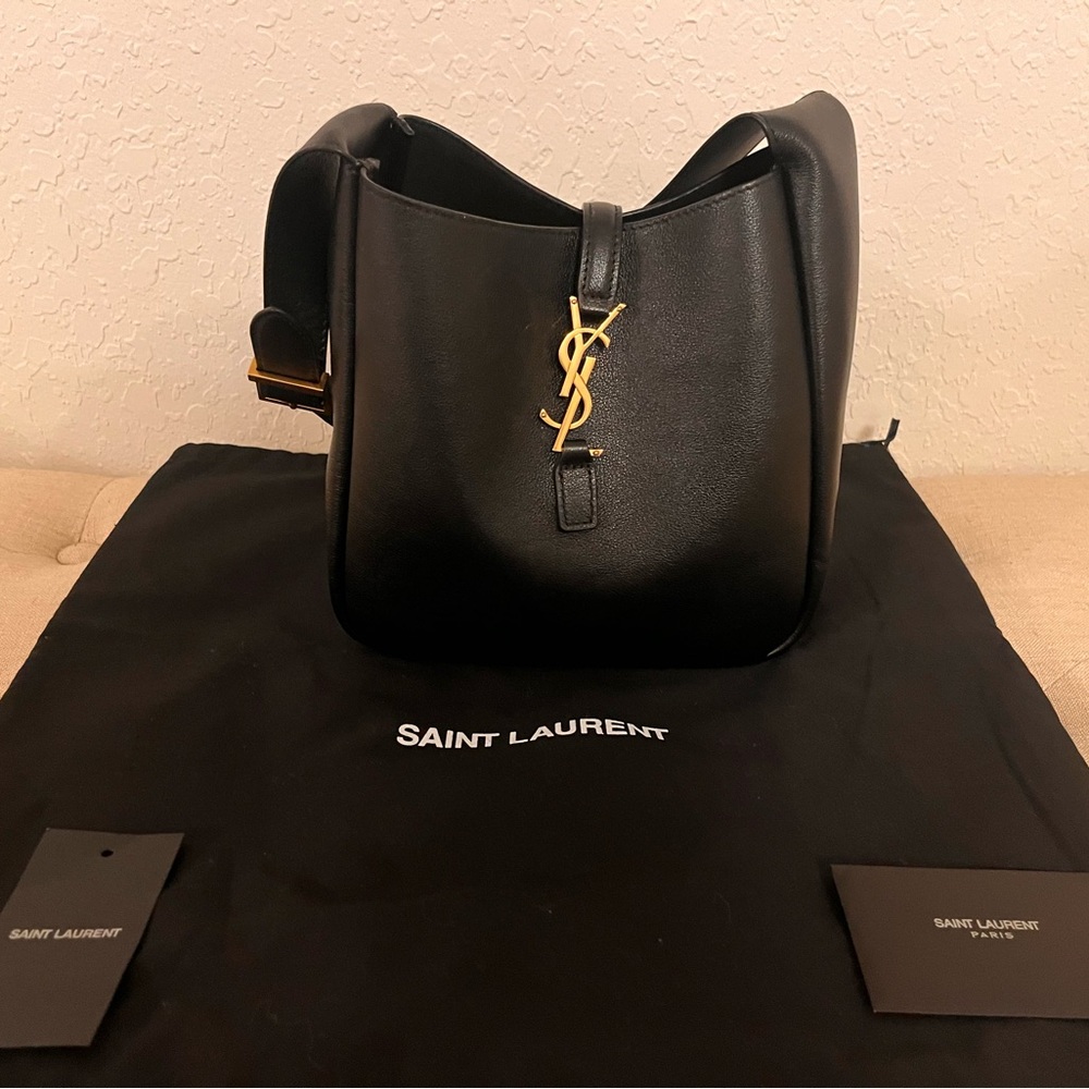 Saint Laurent Le 5 A 7 Black Leather Shoulder Bag with Gold Hardware
